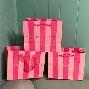 SET OF 3 VICTORIA’S SECRET PINK LARGE GLOSSY SHOPPING BAGS WITH GOLD LETTERING
